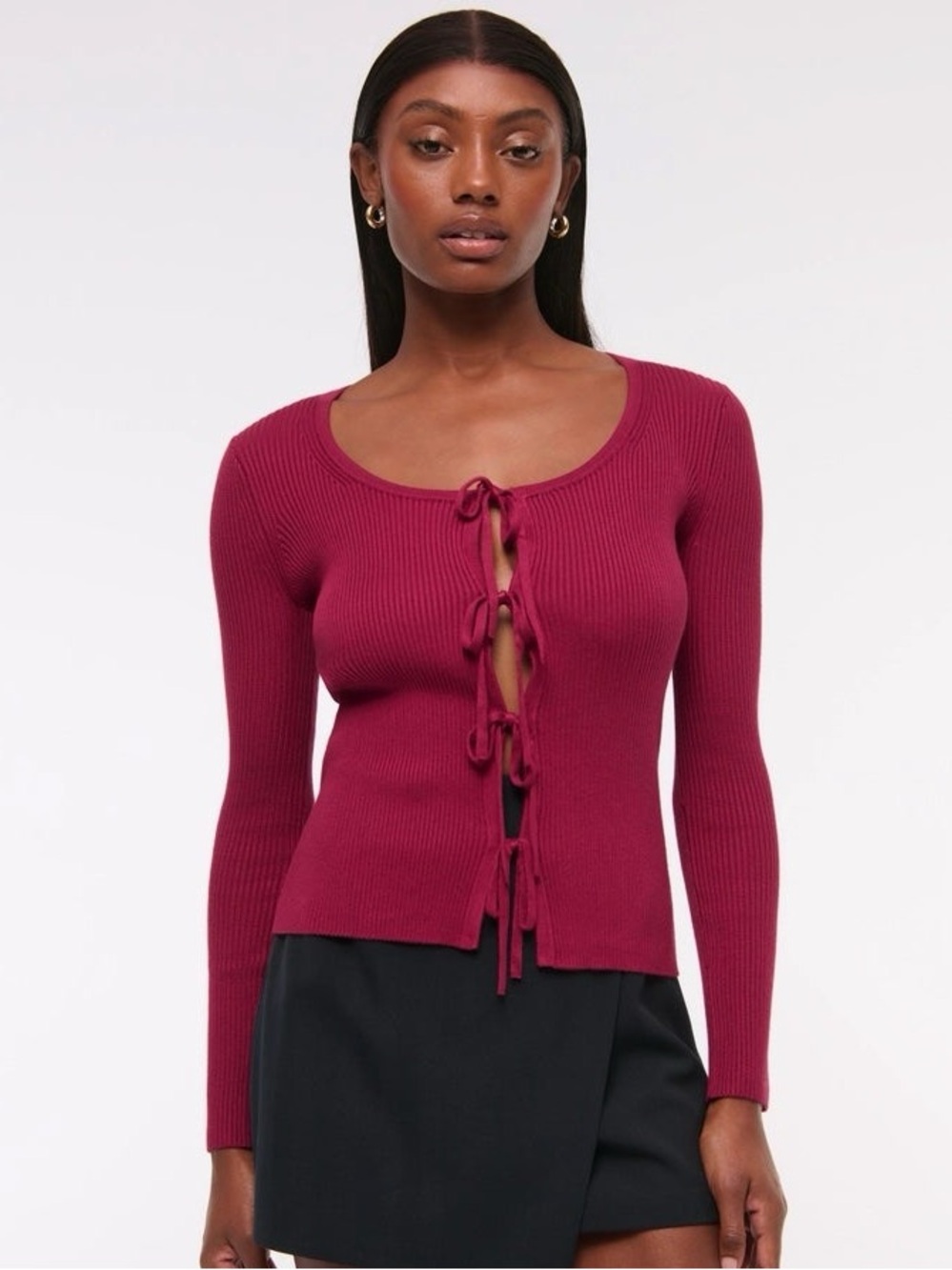 Abercrombie Slim Ribbed Tie-Front Cardigan in Burgundy - XS